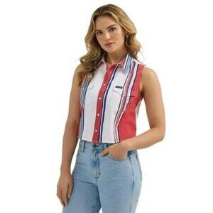 Wrangler Retro Women's Sleeveless Stripe Denim Western Snap Shirt Red/White/Blue